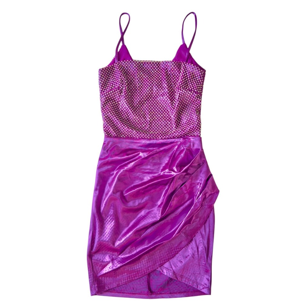 Windsor‎ Barbiecore Disco Rhinestone Bodycon Mini Dress Magenta Purple XS NWOT